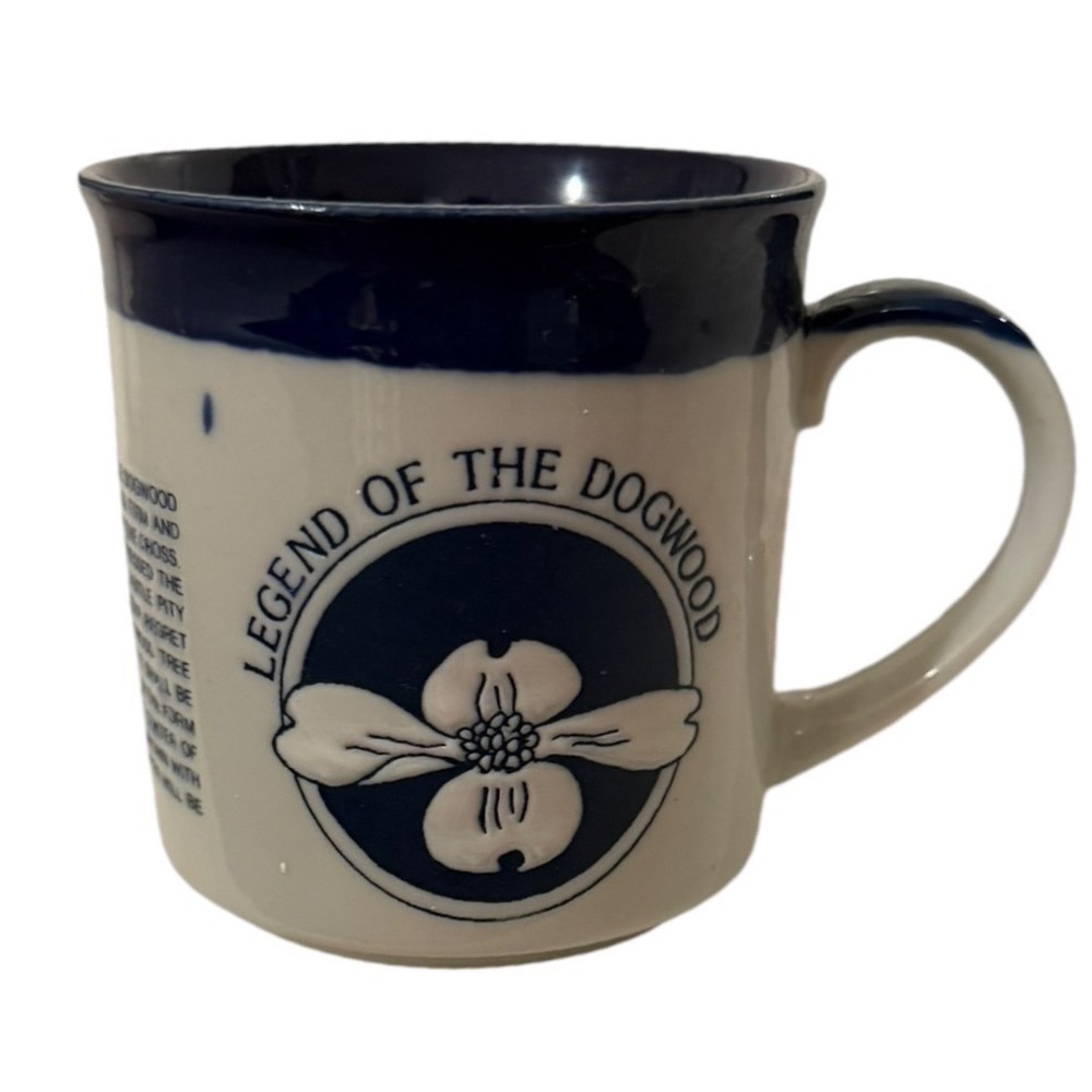 Vtg Legend‎ of the Dogwood Mug Blue White Ceramic Poem Story Cup